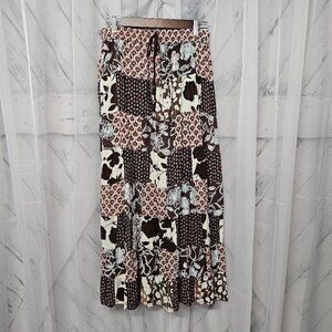 VTG Just Cruisin Brown Pink Patchwork Boho Peasant Silk Maxi Skirt One Size Flaw